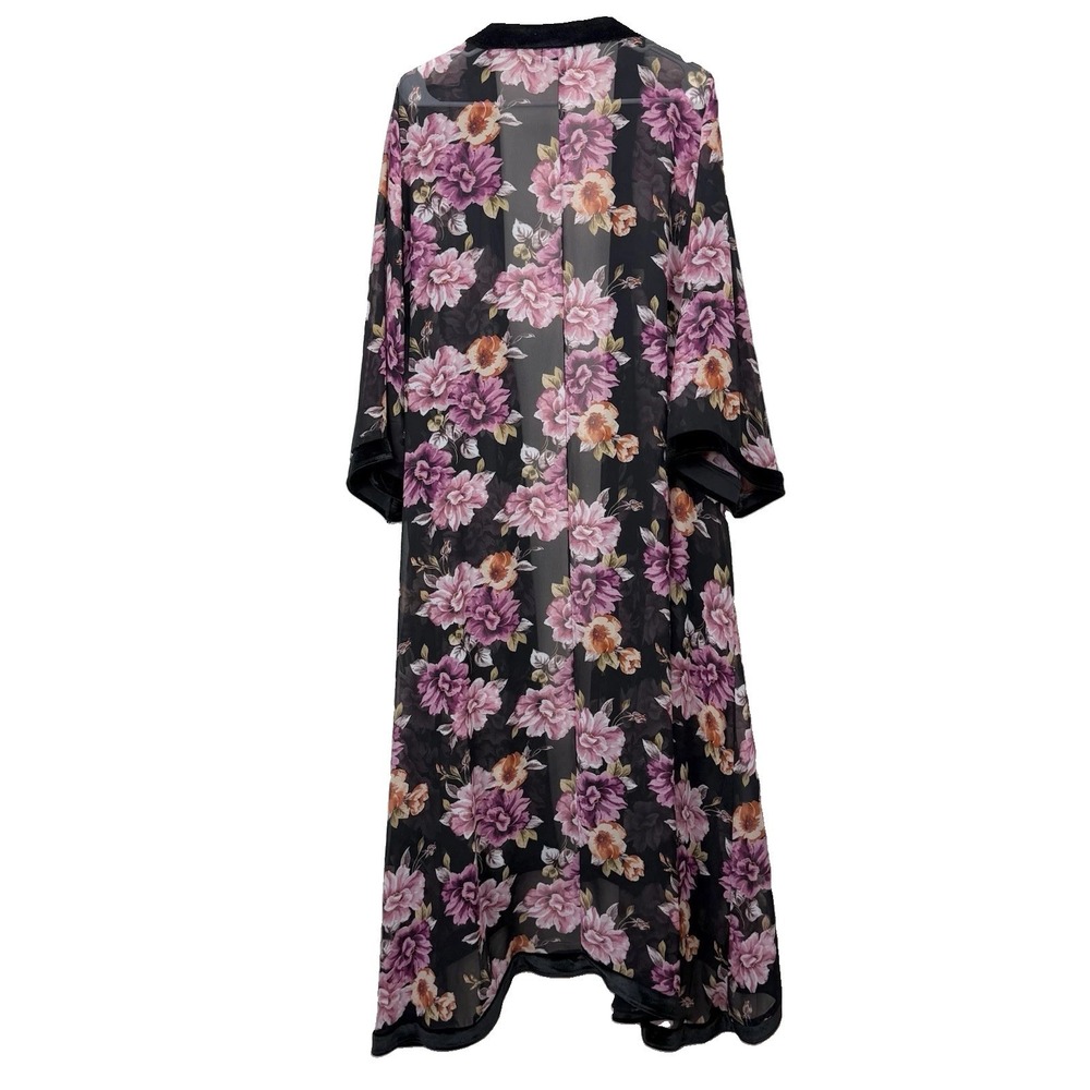 Torrid Pink Floral Black Velvet‎ Trim Chiffon Duster Open Kimono Boho Layers 4X - Picture 6 of 9